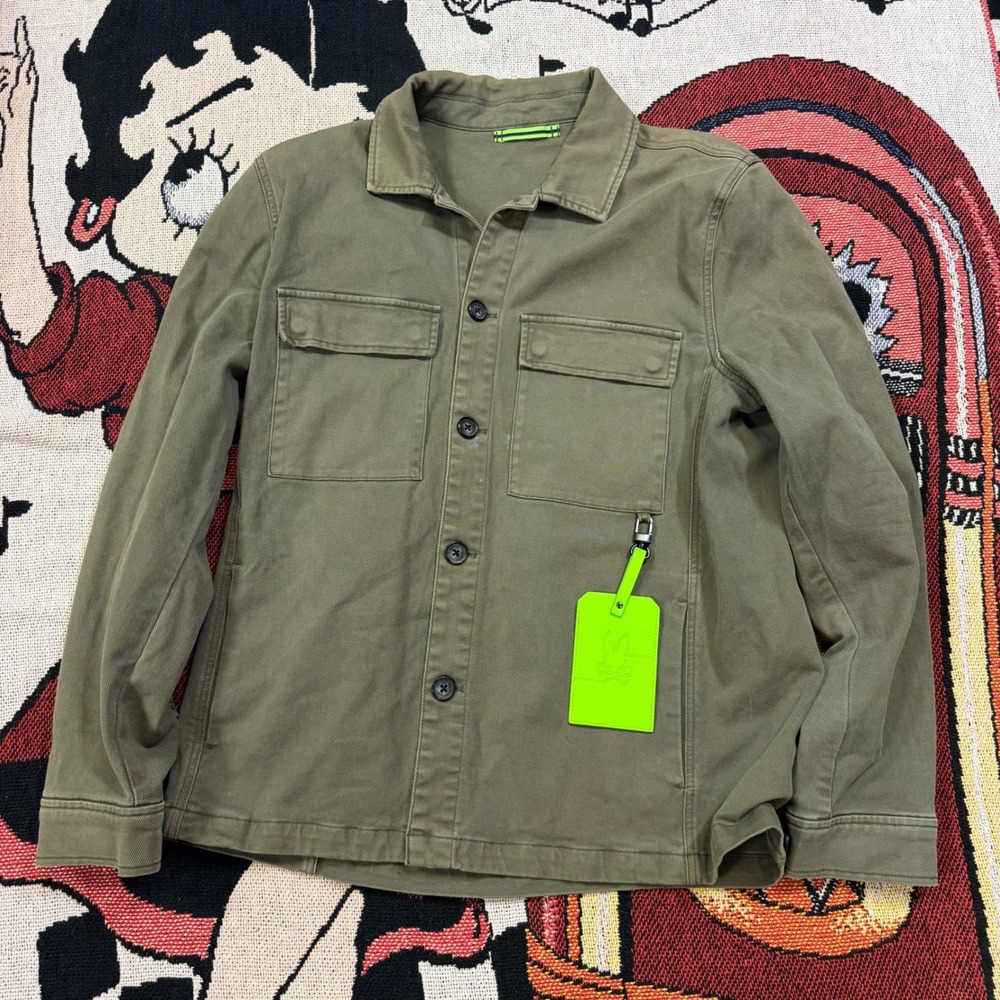 Psycho Bunny Mens Olive Green Embroidered Logo Chore Jacket Overshirt Size M